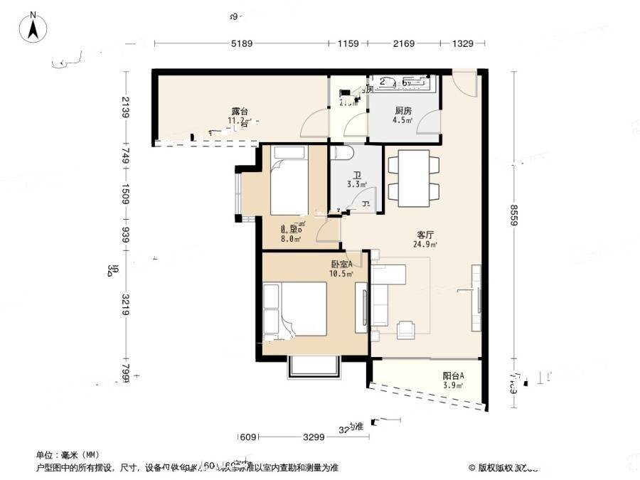 海湾明珠花园二期2室1厅1卫67.6㎡户型图