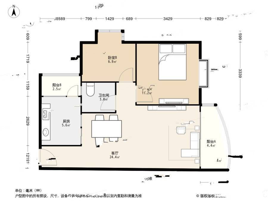 海湾明珠花园二期2室1厅1卫67.7㎡户型图