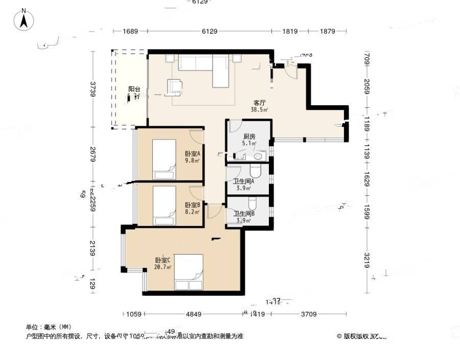 佳兆业可园二期3室1厅2卫94.6㎡户型图