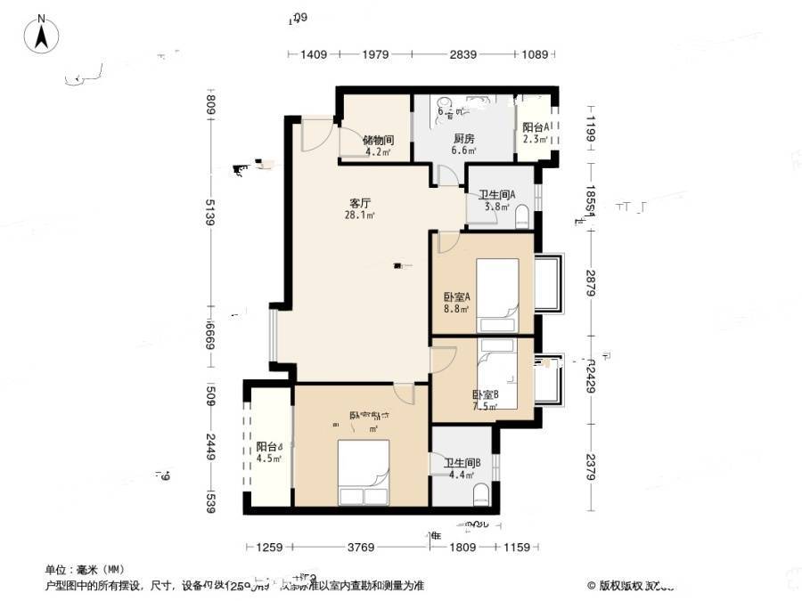 中海怡翠山庄二期3室1厅2卫91.2㎡户型图