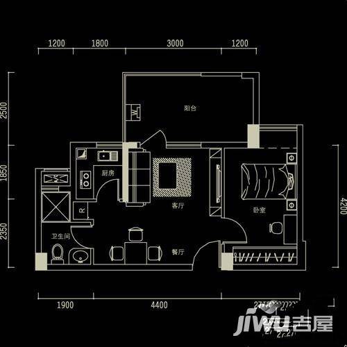 i派龙城1室2厅1卫52.4㎡户型图