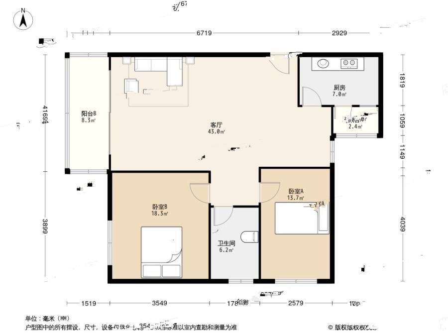 盛龙花园2室1厅1卫81㎡户型图