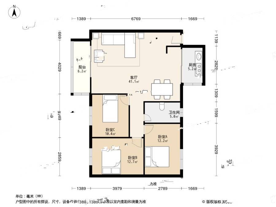 盛龙花园3室1厅1卫99.9㎡户型图