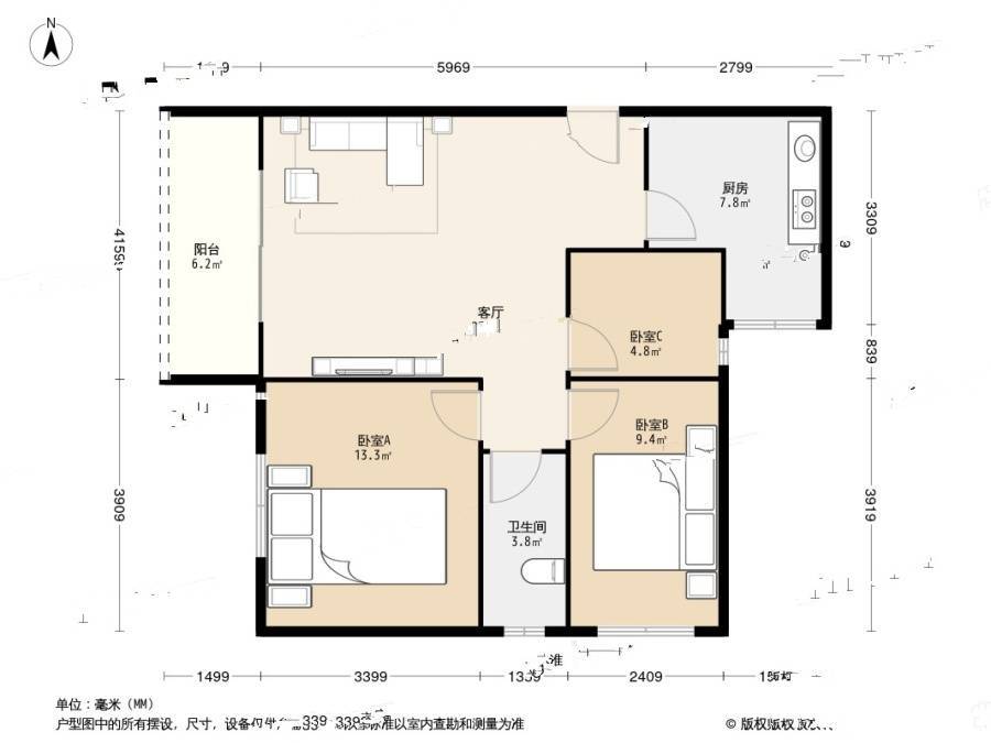 盛龙花园3室1厅1卫80.2㎡户型图