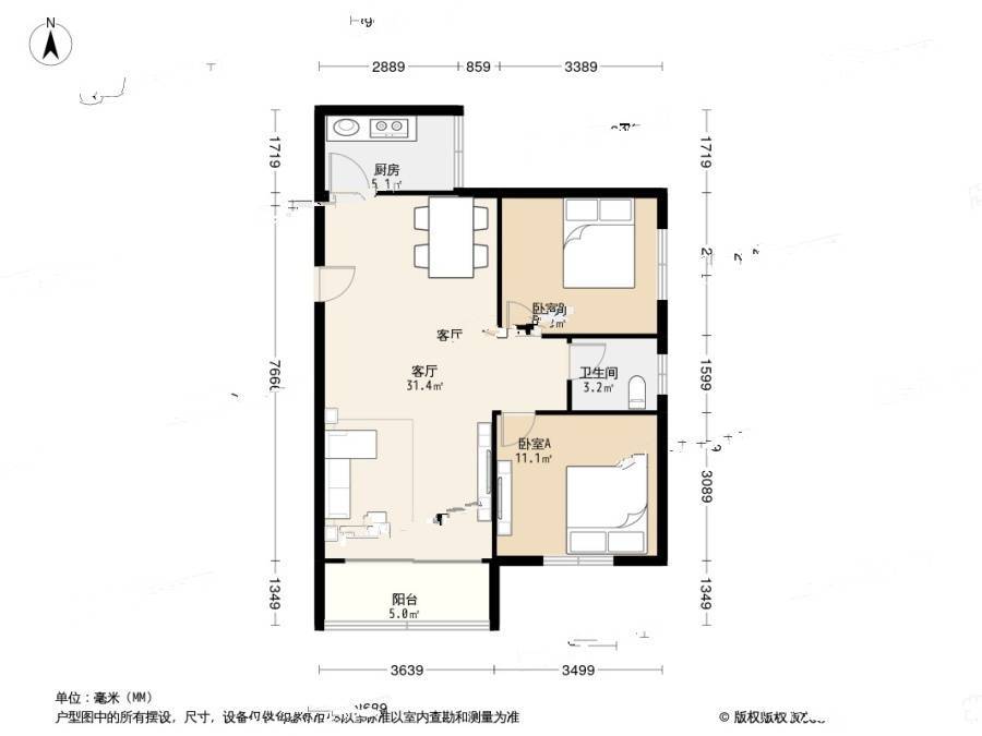 盛龙花园2室1厅1卫77.1㎡户型图