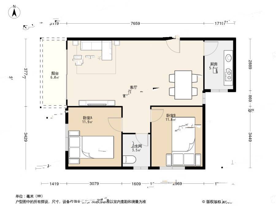 盛龙花园2室1厅1卫76.8㎡户型图