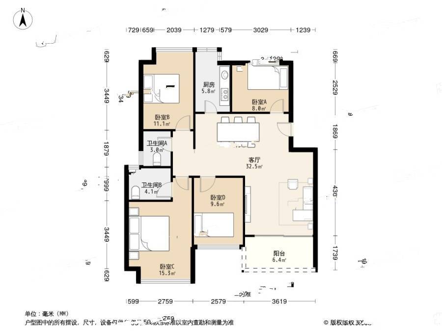 慢城二期4室1厅2卫88.8㎡户型图