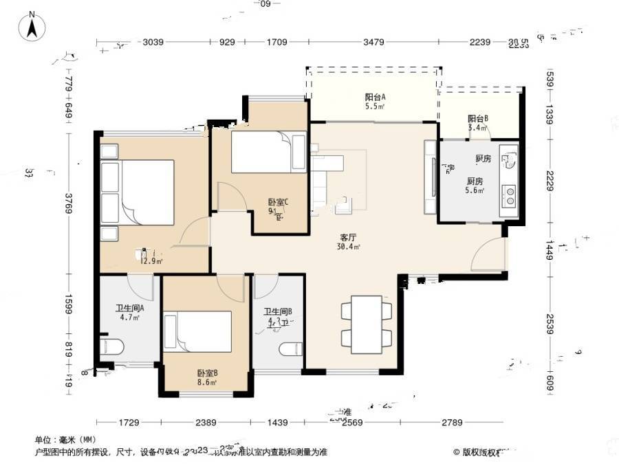 怡龙枫景园3室1厅2卫88.9㎡户型图