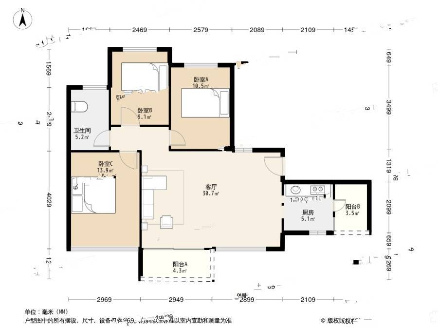 怡龙枫景园3室1厅1卫87.8㎡户型图