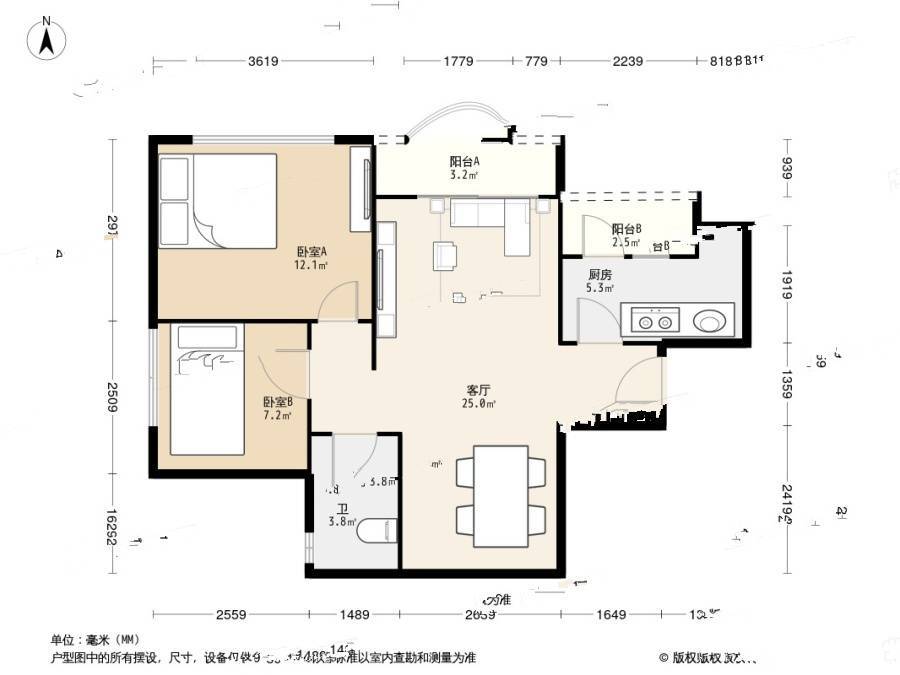 桂芳园二期2室1厅1卫72㎡户型图