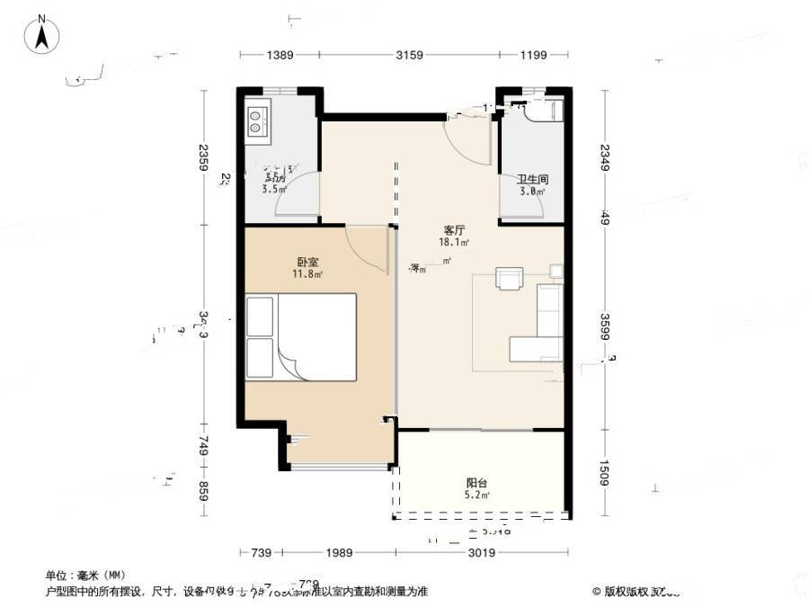 金众蓝钻风景1室1厅1卫48.8㎡户型图