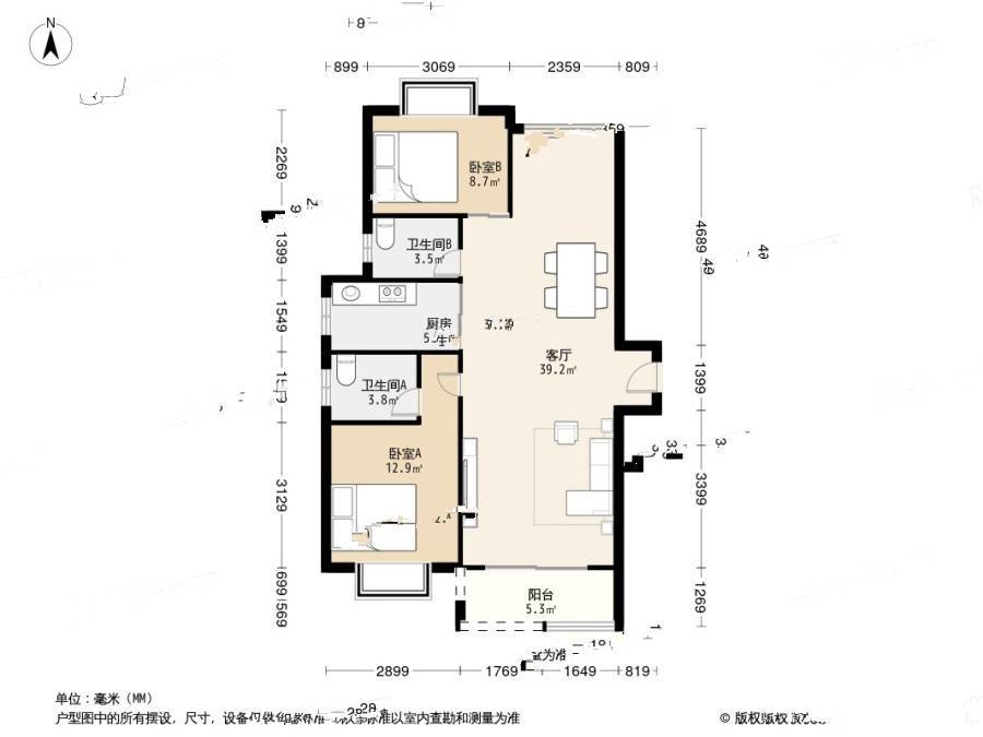 金运家园2室1厅2卫86㎡户型图