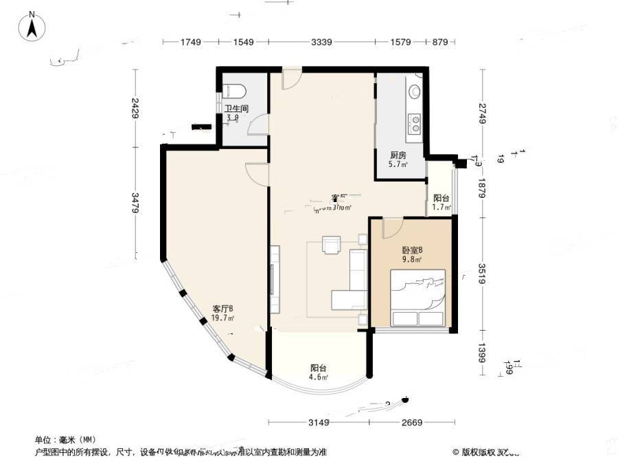 左庭右院南区2室1厅1卫77.5㎡户型图