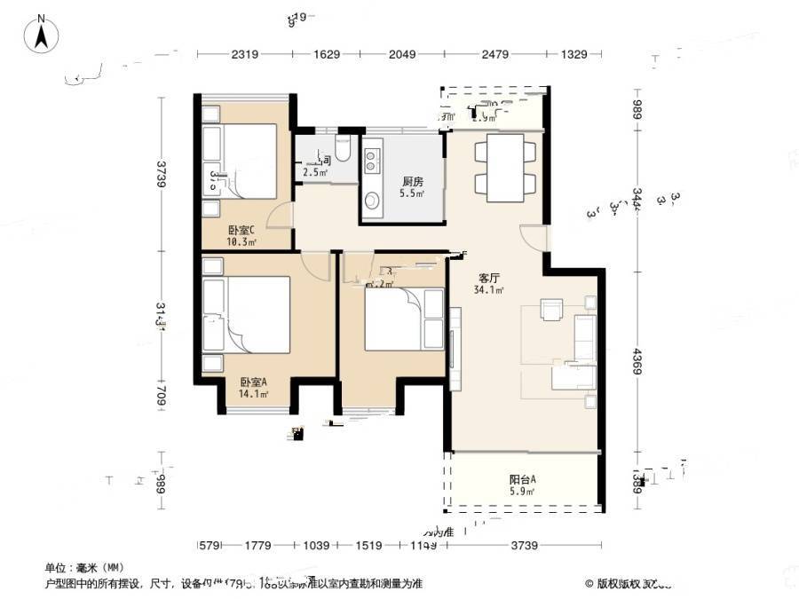 风临四季花园3室1厅1卫84㎡户型图