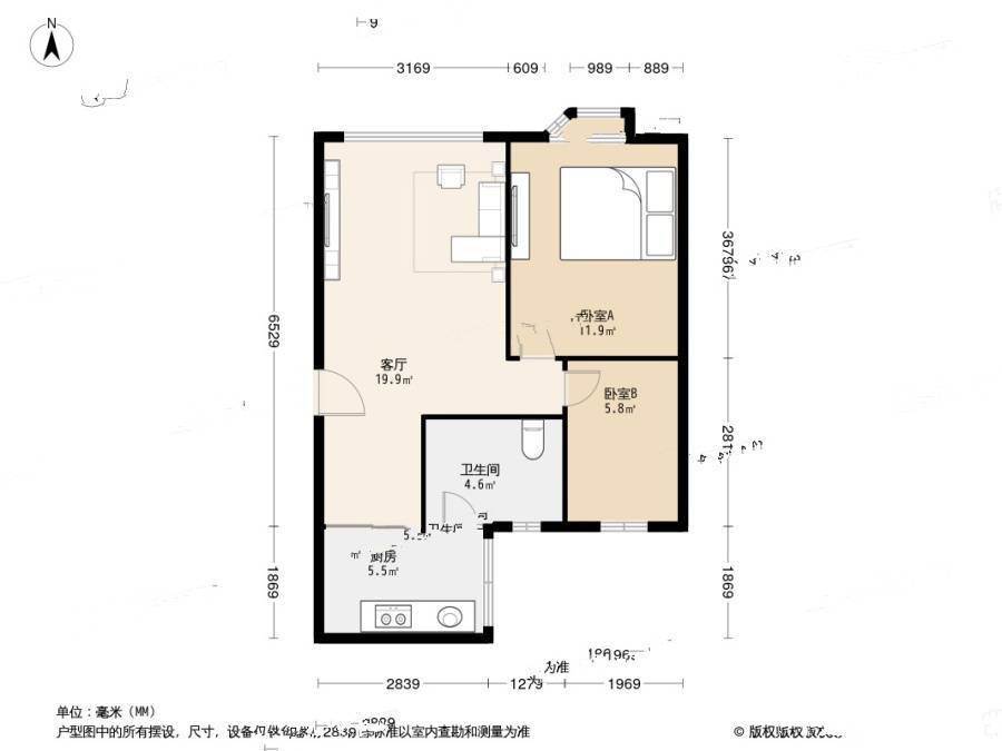 加洲花园2室1厅1卫56㎡户型图