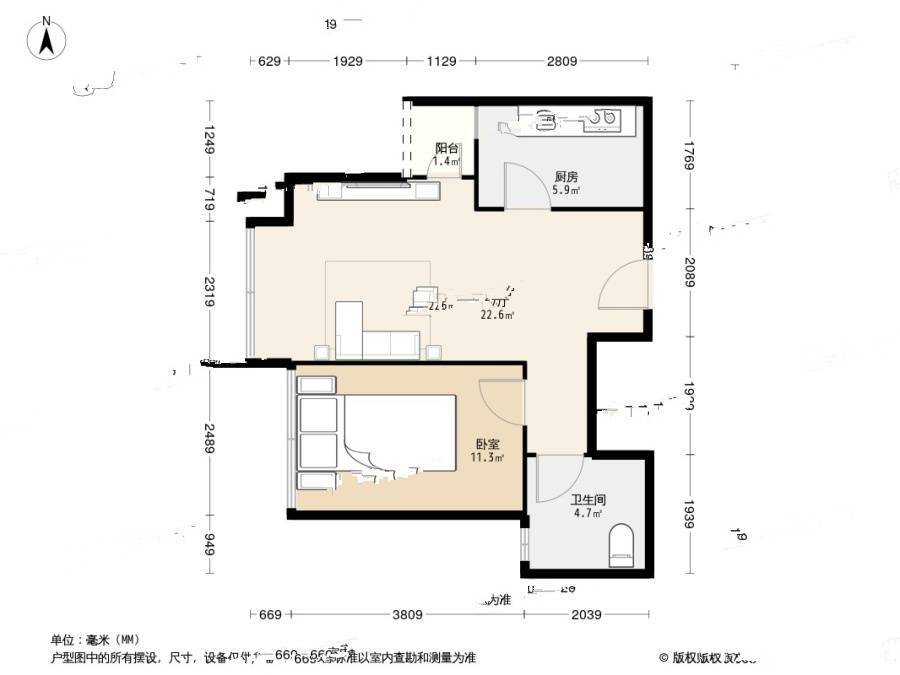 桂芳园四期1室1厅1卫47.7㎡户型图