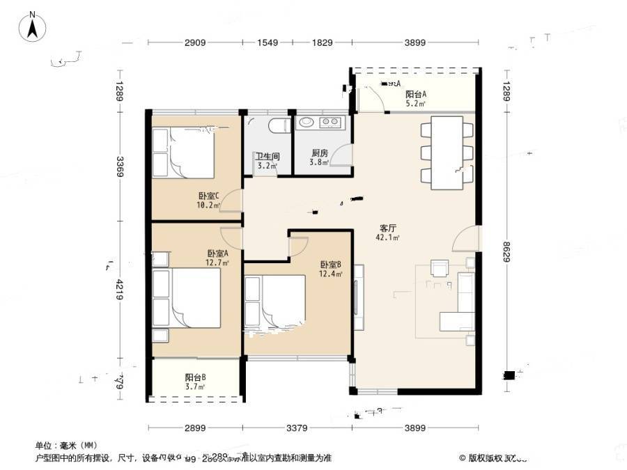 龙岗天健花园3室1厅1卫103㎡户型图