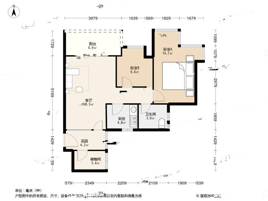 佳兆业可园三期2室1厅1卫69㎡户型图