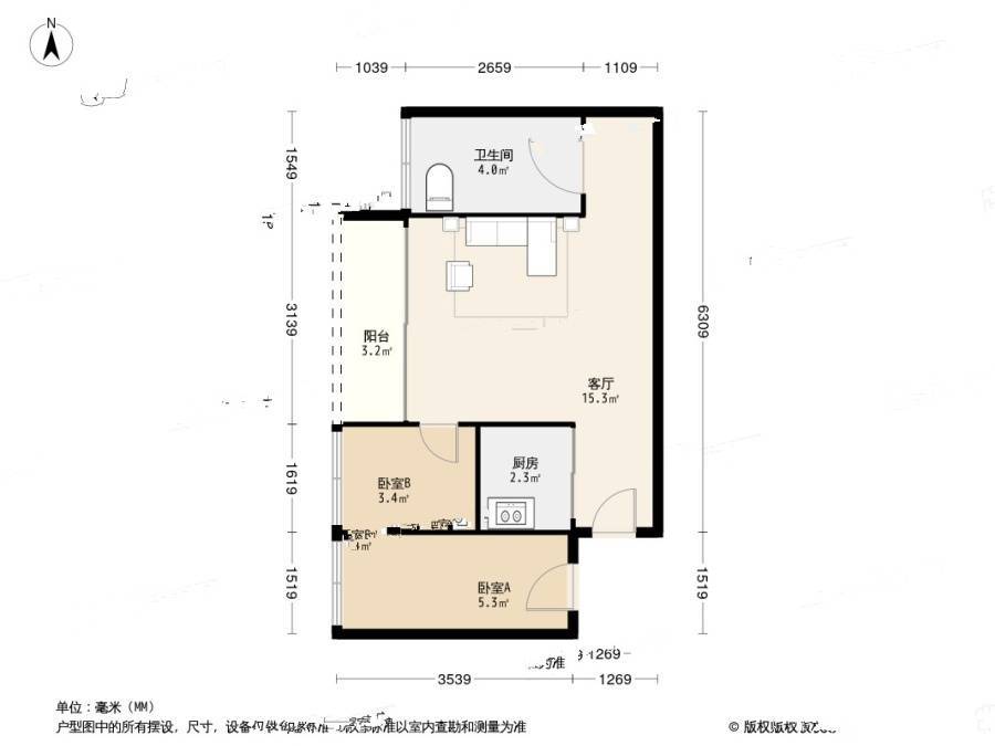 中央悦城一期2室1厅1卫40㎡户型图