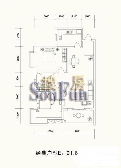 东方名都百草园2室2厅1卫91.6㎡户型图