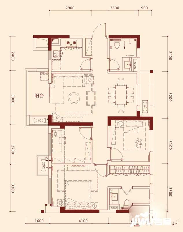 动力北苑3室2厅2卫90㎡户型图