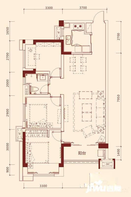 动力北苑3室2厅1卫90㎡户型图