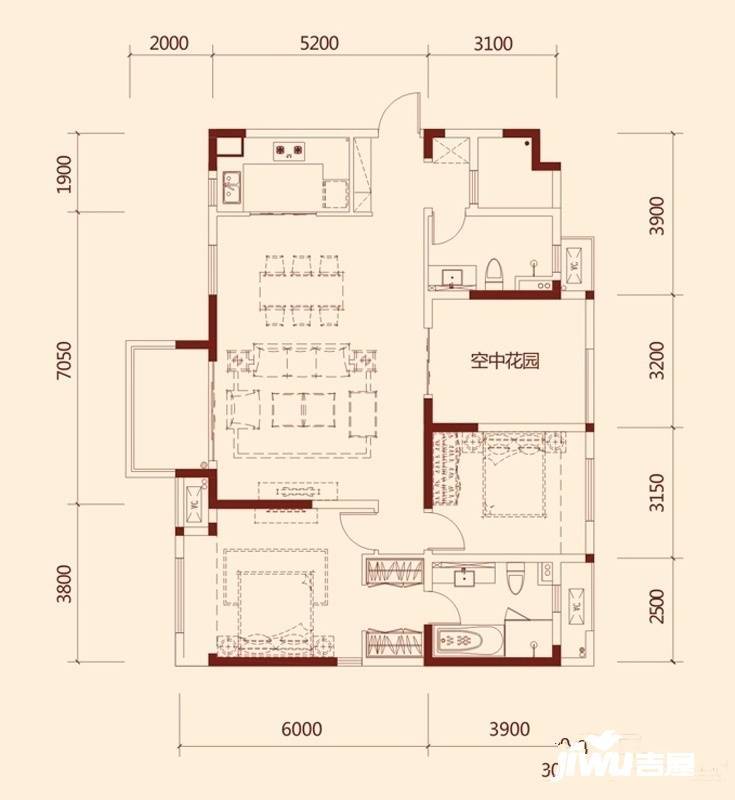 动力北苑2室2厅2卫123㎡户型图