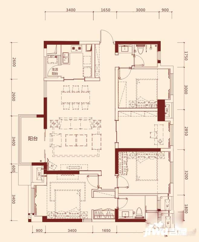 动力北苑4室2厅2卫125㎡户型图