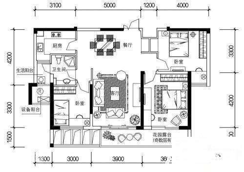 赞成林风沁林苑3室2厅1卫106㎡户型图