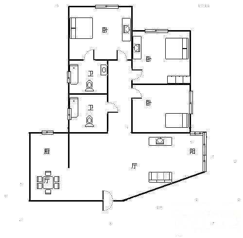 富春大厦3室2厅1卫102㎡户型图