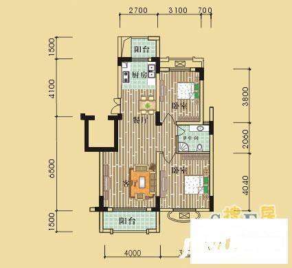 绿野春天别墅2室2厅1卫85.2㎡户型图