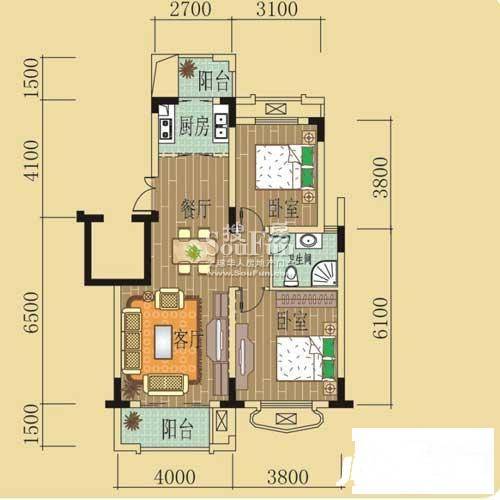 绿野春天别墅2室2厅1卫85.2㎡户型图