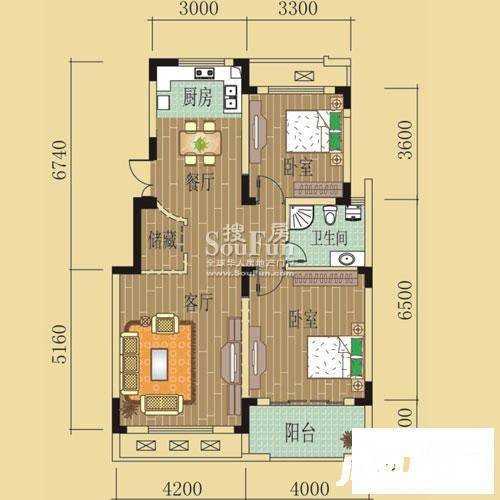 绿野春天别墅2室2厅1卫85.2㎡户型图