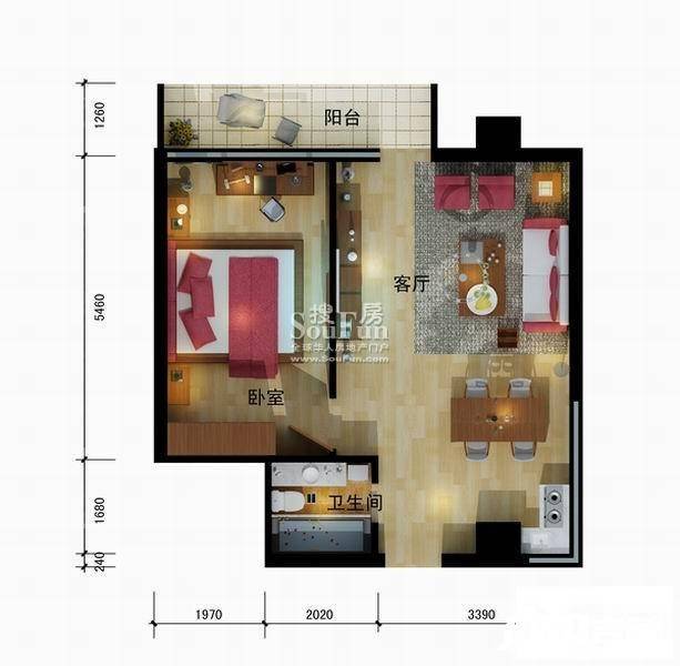 和城广场1室1厅1卫33.2㎡户型图