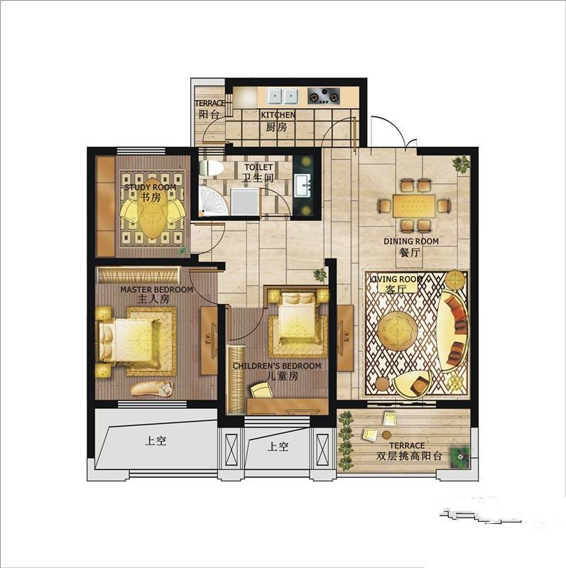 科尔世纪外滩排屋3室2厅1卫92㎡户型图