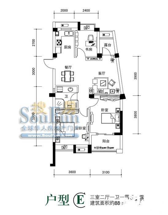 万家花城3室2厅1卫88㎡户型图