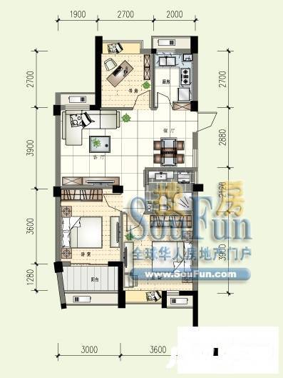 万家花城3室2厅1卫88㎡户型图