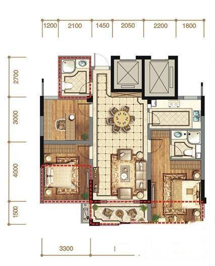 名港城3室2厅2卫94㎡户型图