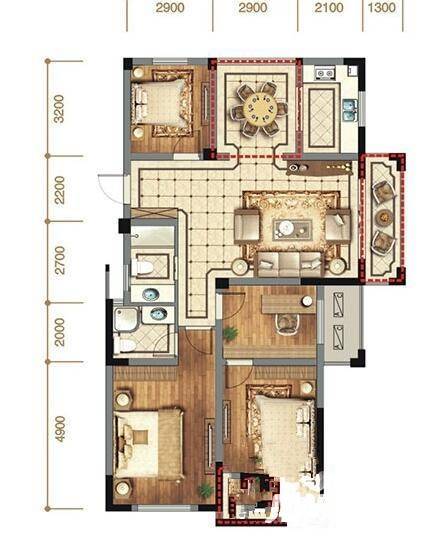 名港城3室2厅2卫123㎡户型图