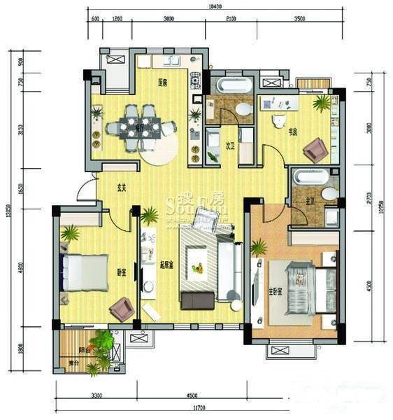 都市阳光广场3室2厅2卫113㎡户型图