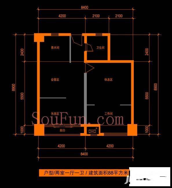 斯坦福2（平方）2室1厅1卫88㎡户型图