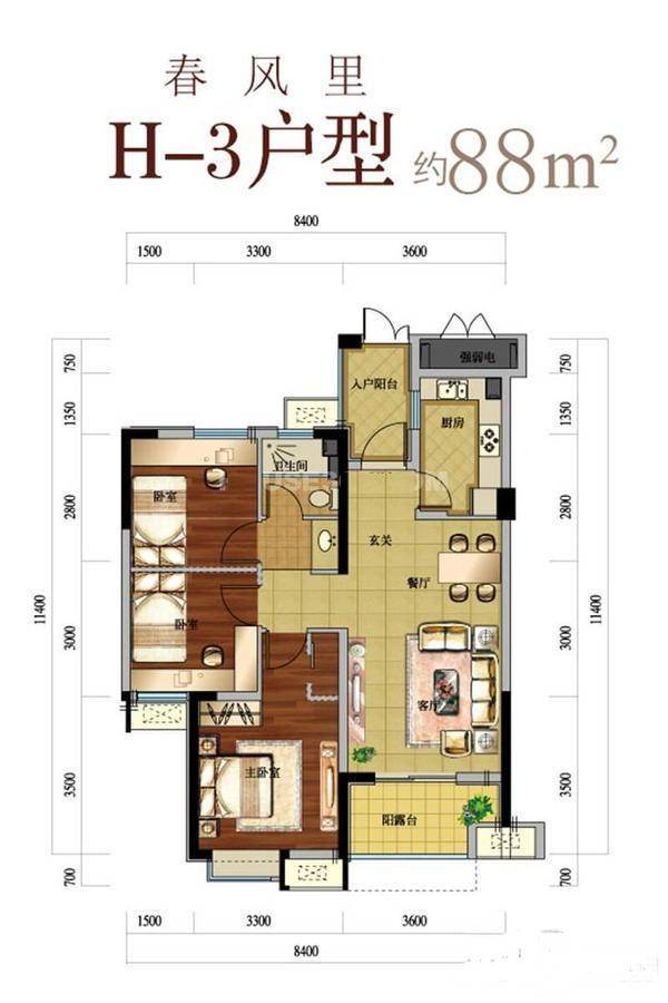 竹海水韵春风里3室2厅1卫88㎡户型图