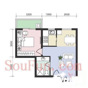 e世纪城市花园1室2厅1卫48㎡户型图