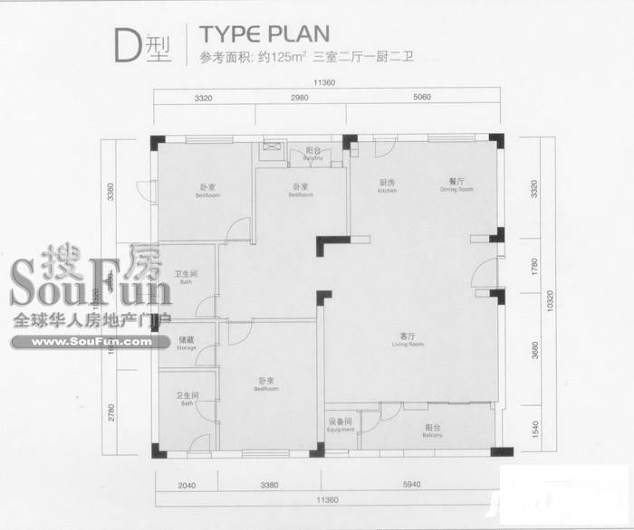 良渚文化村白鹭郡东3室2厅2卫125㎡户型图