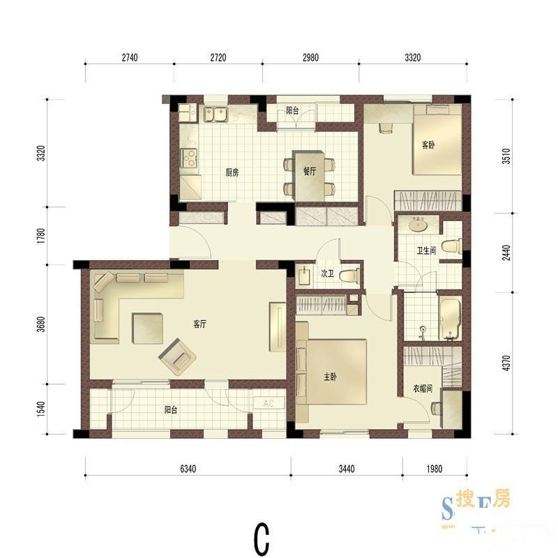 良渚文化村白鹭郡东2室2厅2卫115㎡户型图