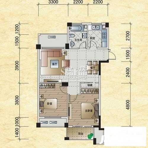 翡翠城竹苑2室2厅1卫90㎡户型图