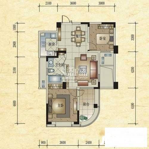 翡翠城竹苑2室2厅1卫90㎡户型图