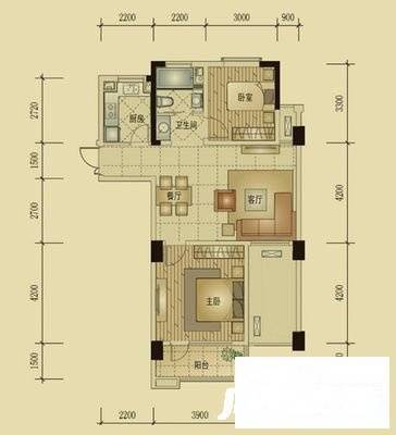 翡翠城竹苑2室2厅1卫90㎡户型图