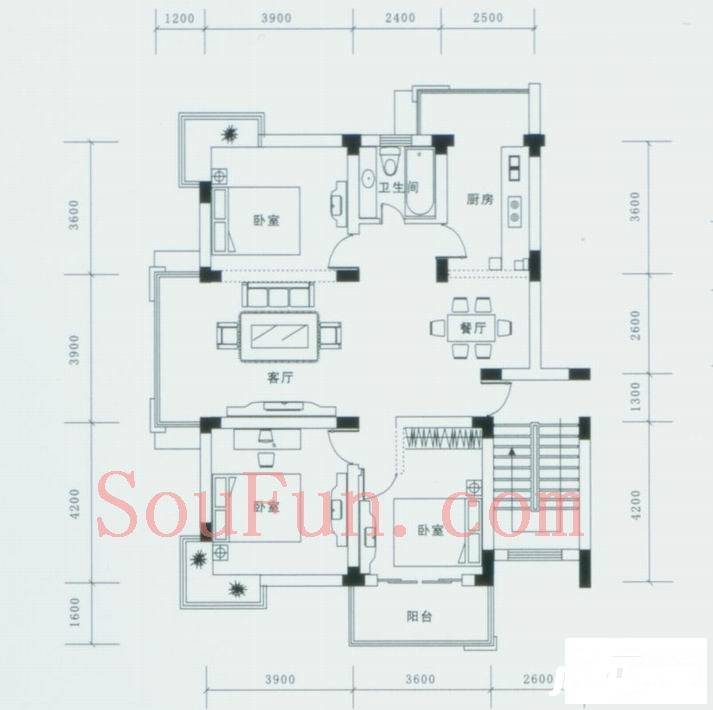 兴和苑3室2厅1卫121.3㎡户型图