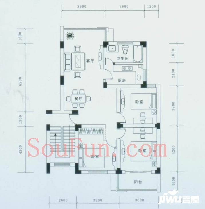 兴和苑3室2厅1卫121.3㎡户型图